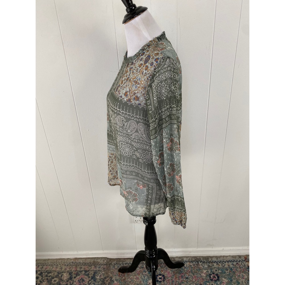 World‎ Market Green Patchwork Paisley Floral Sheer Blouse Long Sleeve Top Sz S/M - Picture 9 of 10